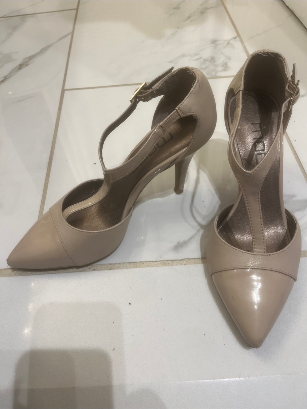 Moda T-Strap Pointed Heels in Beige